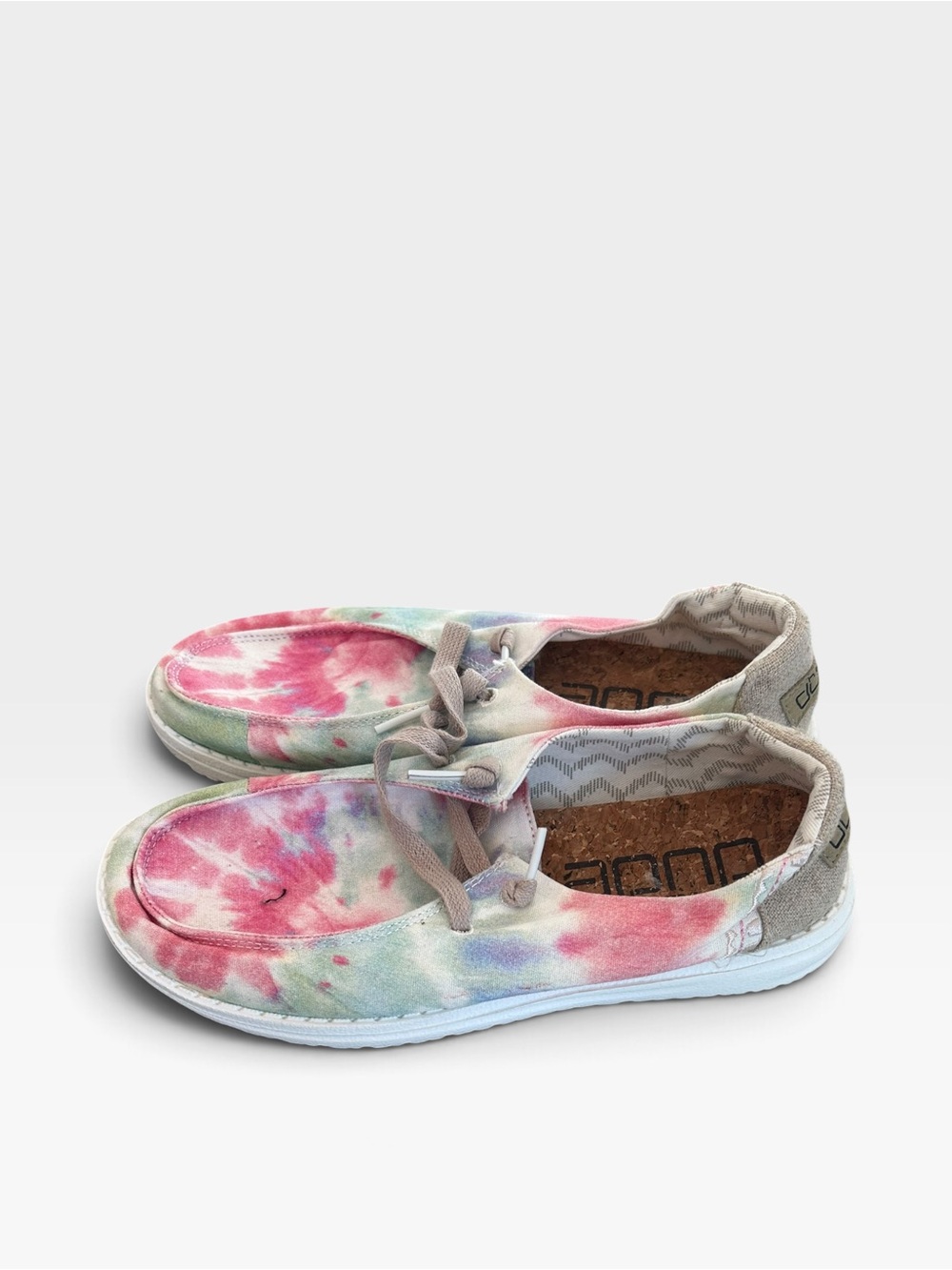 Hey Dude Slip-On Sneakers in Pink, Green & Blue Tie-Dye ladies size 7